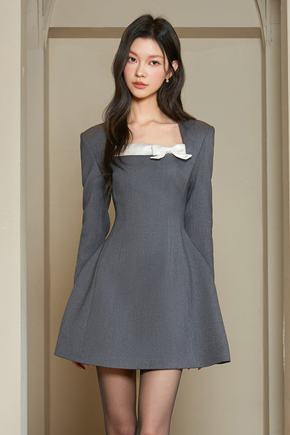 Gray Long Sleeve Square Neck Bow Bubble Dress