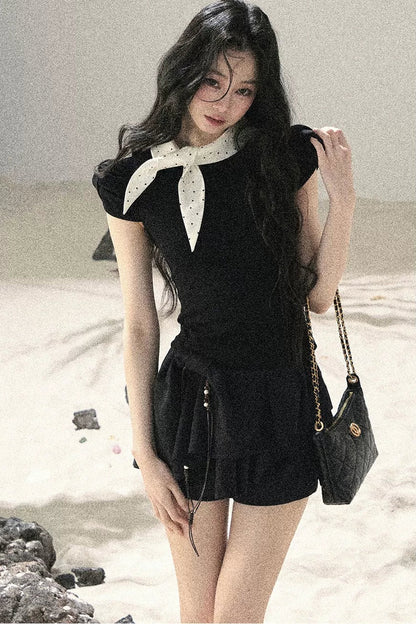 French Polka Dot Bow Puff Sleeve Top