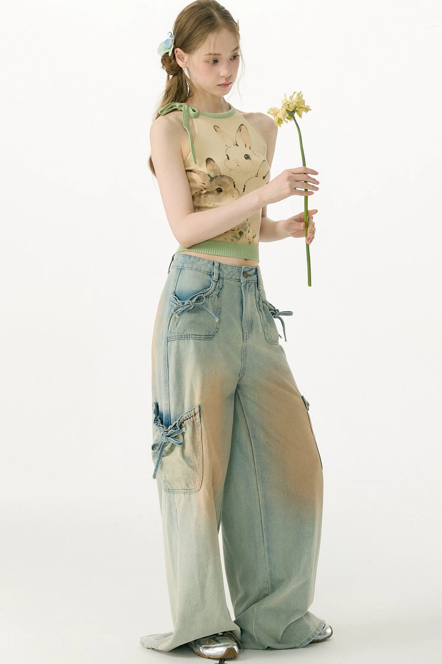 Pantaloni in denim retrò con fiocco