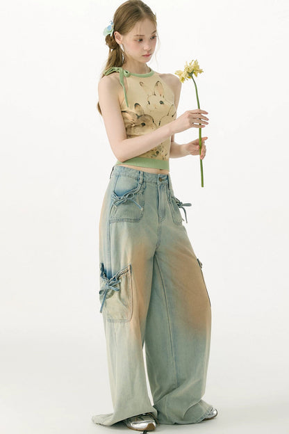 Pantaloni in denim retrò con fiocco