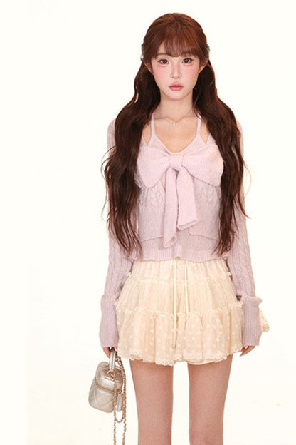 Two-In-One Bow Sweater and Polka Dot Lace Puff Skirt Set-Up