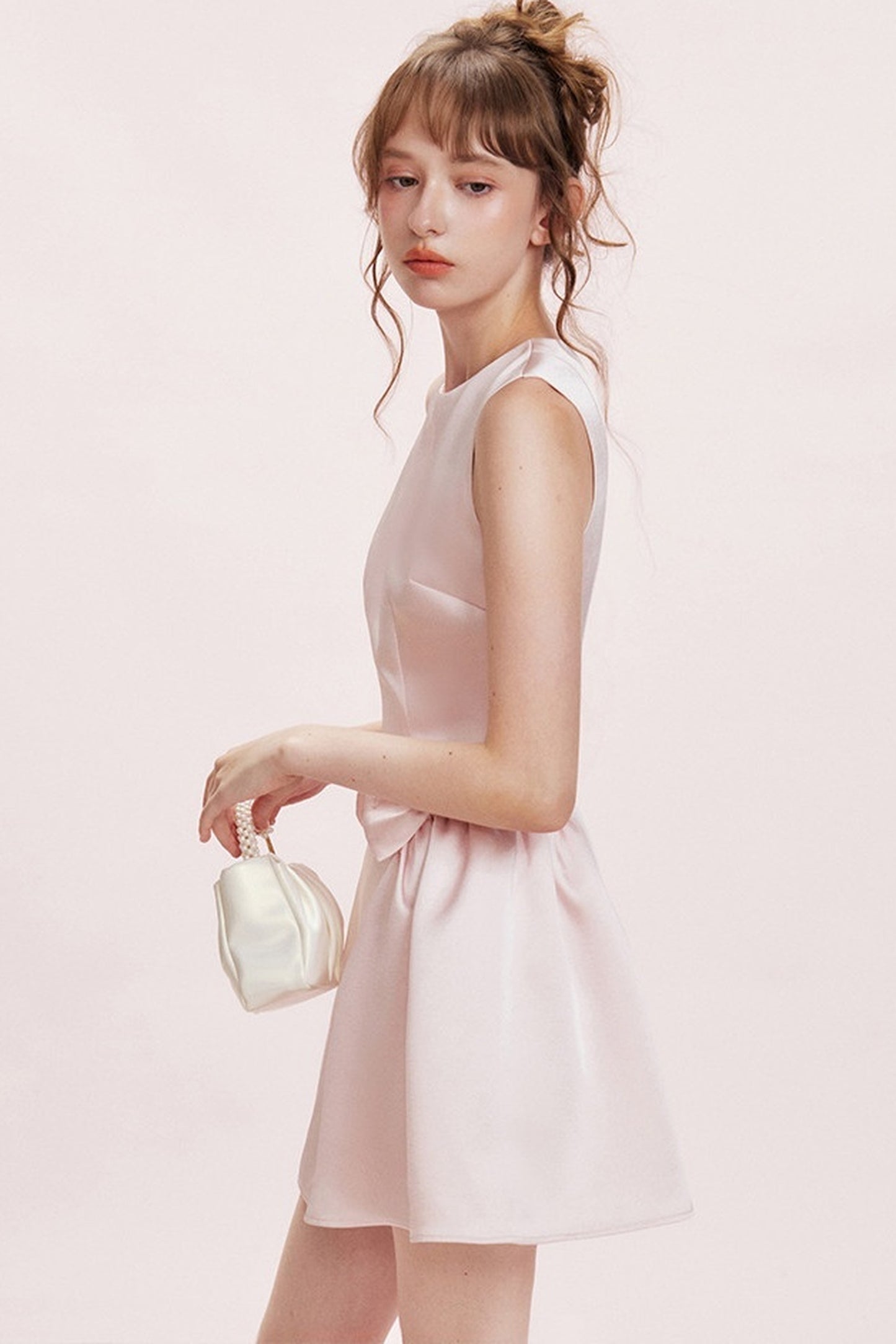 Double Bow Satin Vest Dress and Cardigan Set-Up