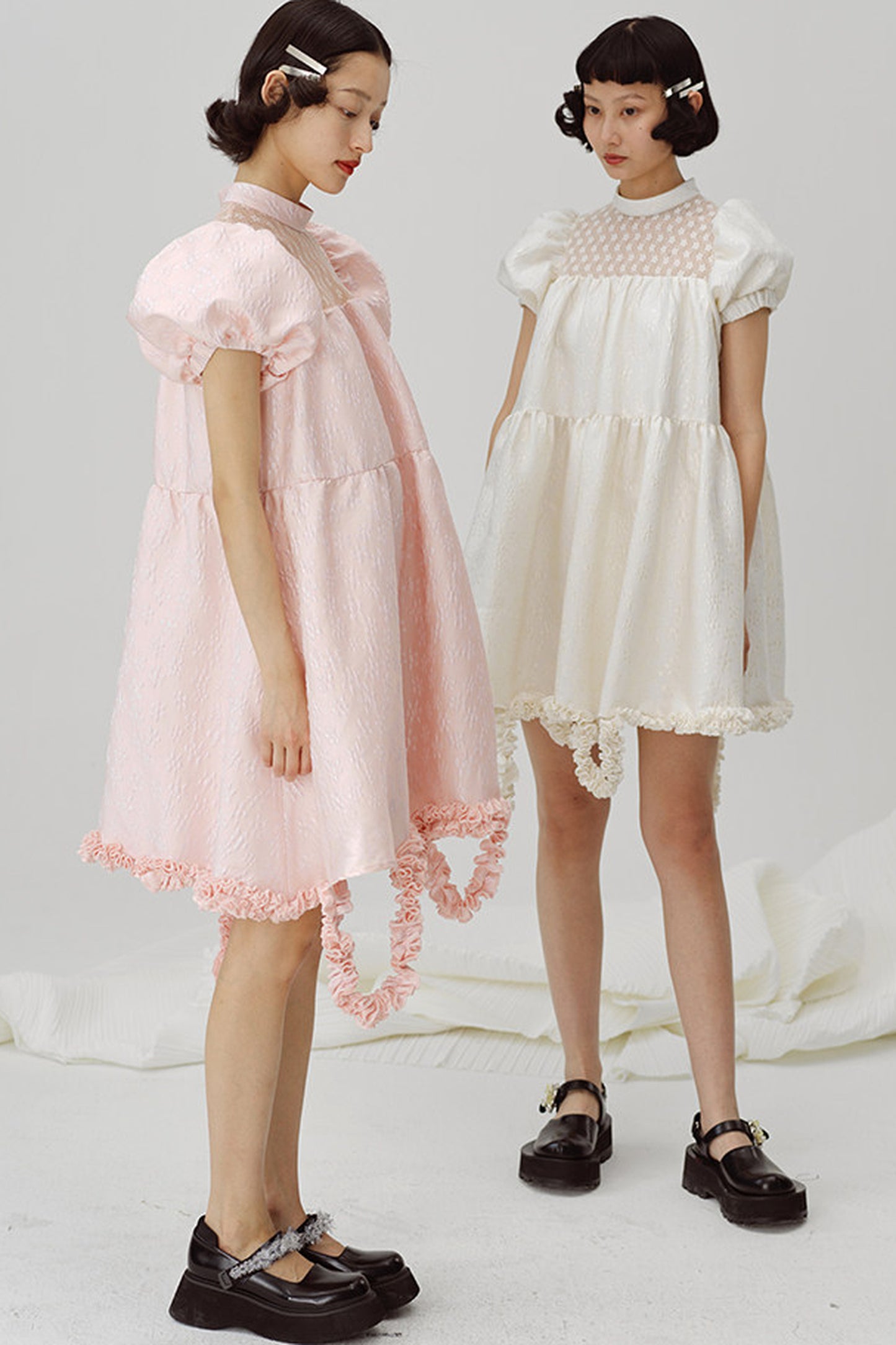 Lace Patchwork Puff Sleeve A-Line Dress