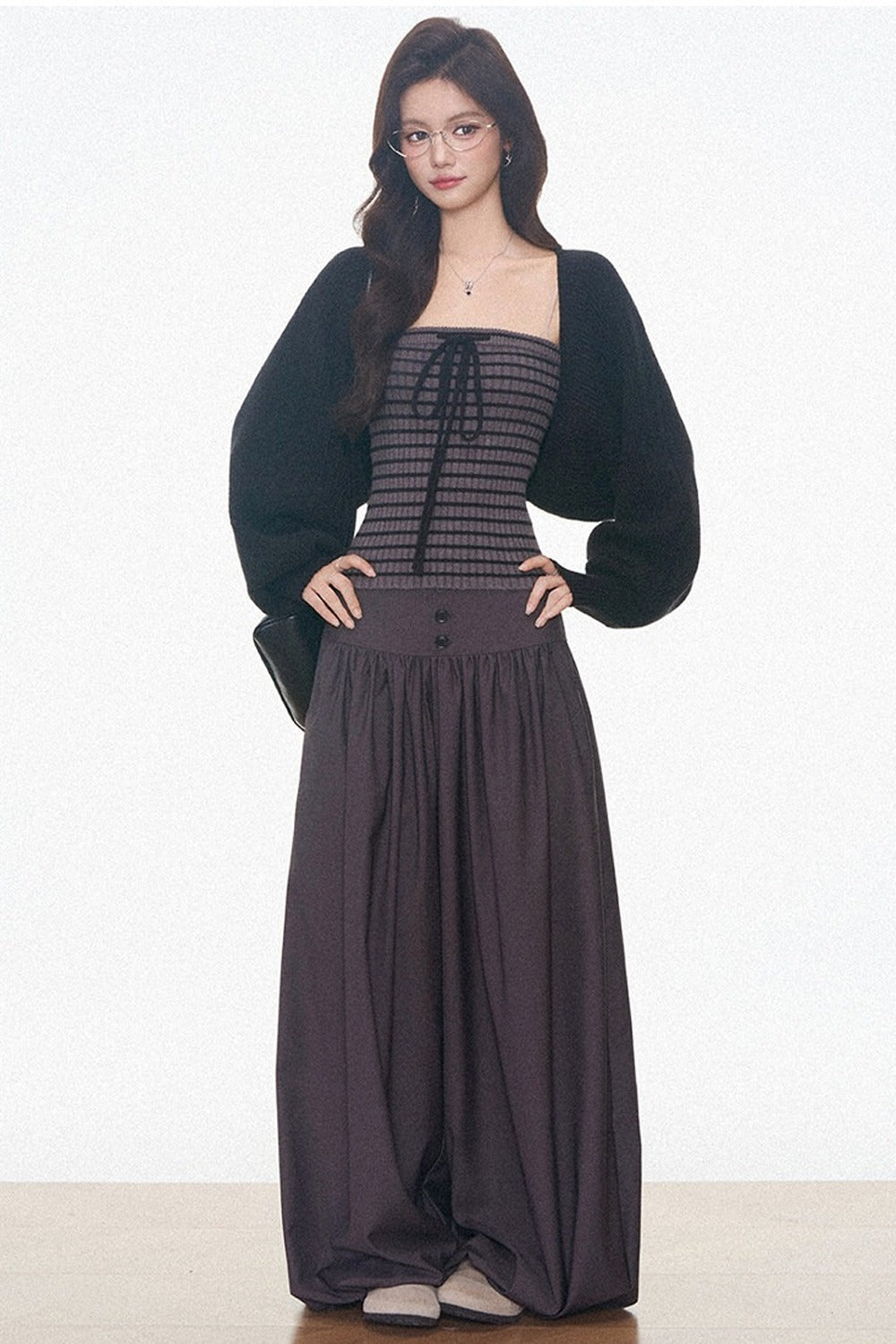 Knitted Cardigan and Tube Top and Lantern Pants Set-Up