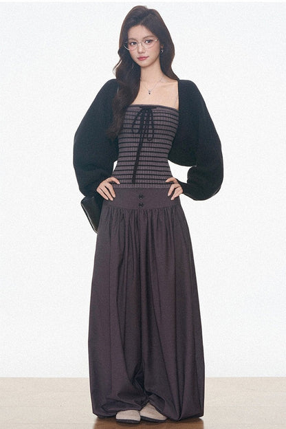 Knitted Cardigan and Tube Top and Lantern Pants Set-Up