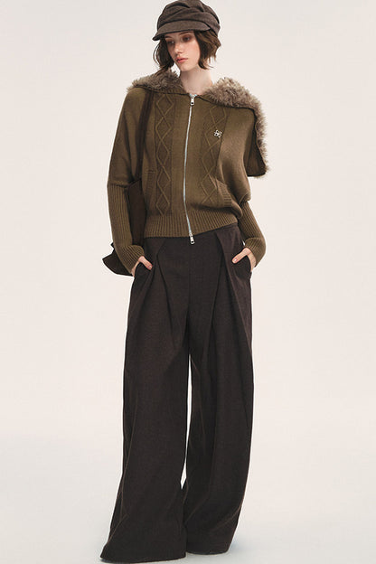 Detachable Navy Fur Collar Cable-Knit Cardigan