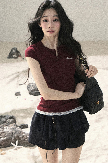 American Style Lace Fake Two-Piece Top