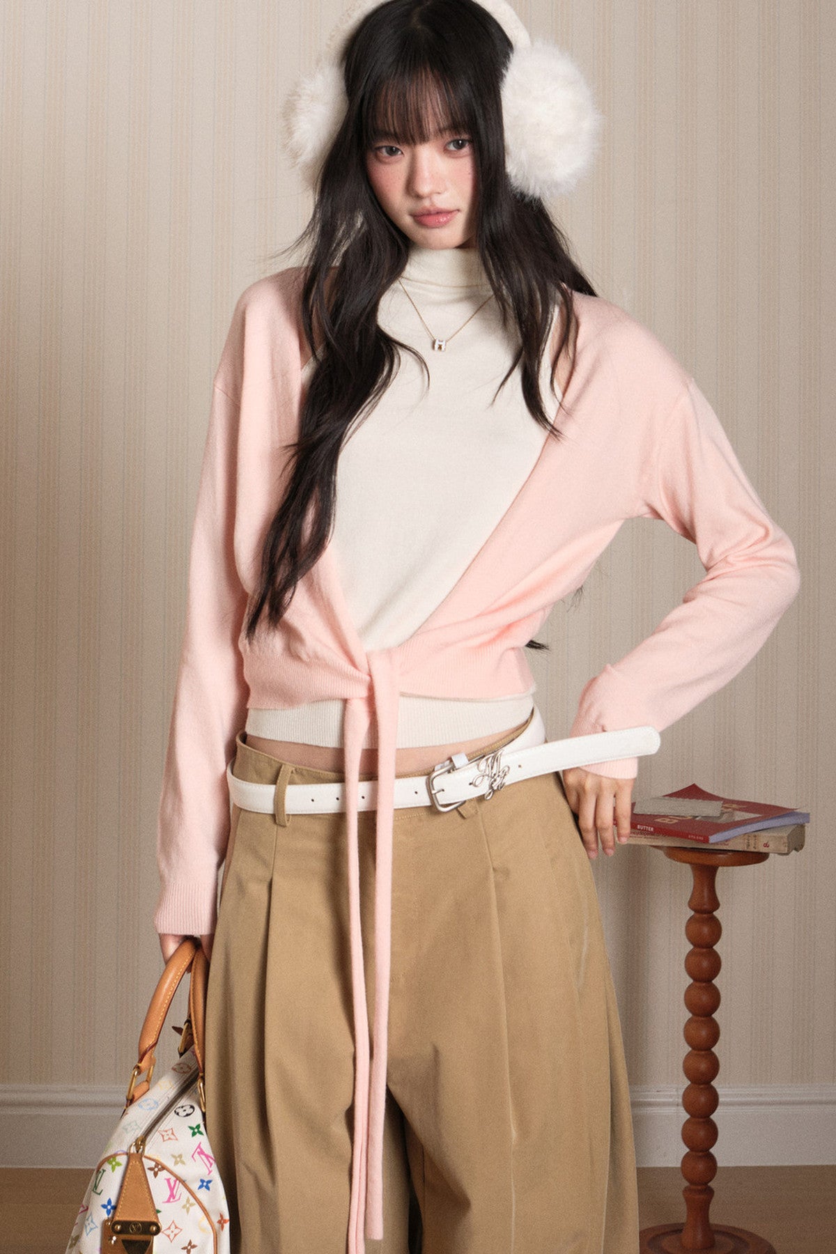 Layered High-Neck Vest and Tie-Up Cardigan Set-Up