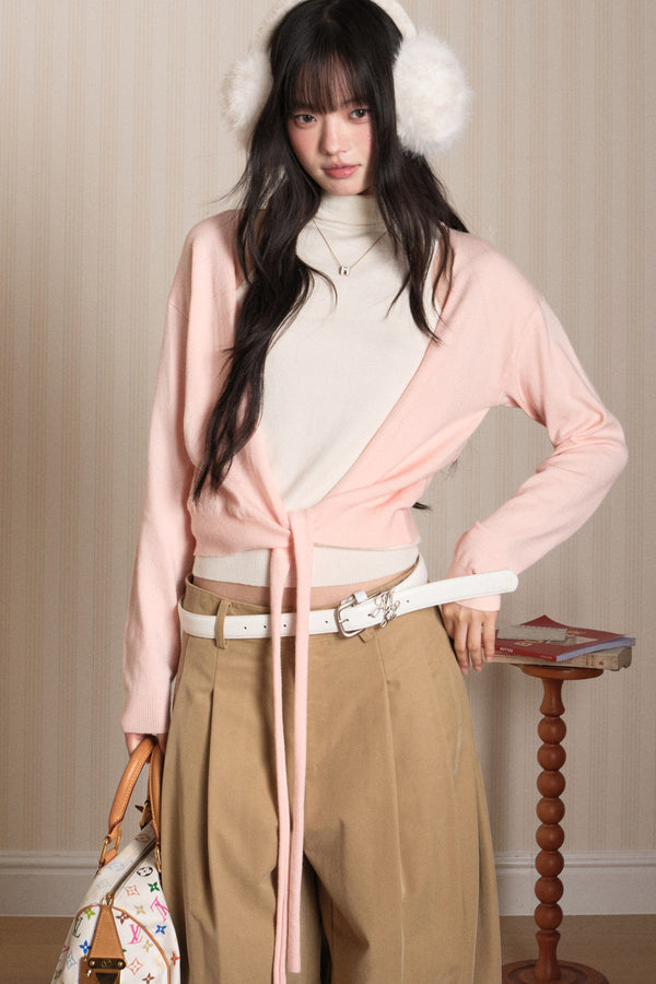 Layered High-Neck Vest and Tie-Up Cardigan Set-Up