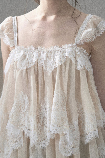 Asymmetric French Lace Mesh Top Set