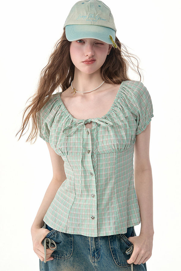 Green Plaid Puff Sleeve Button Front Top
