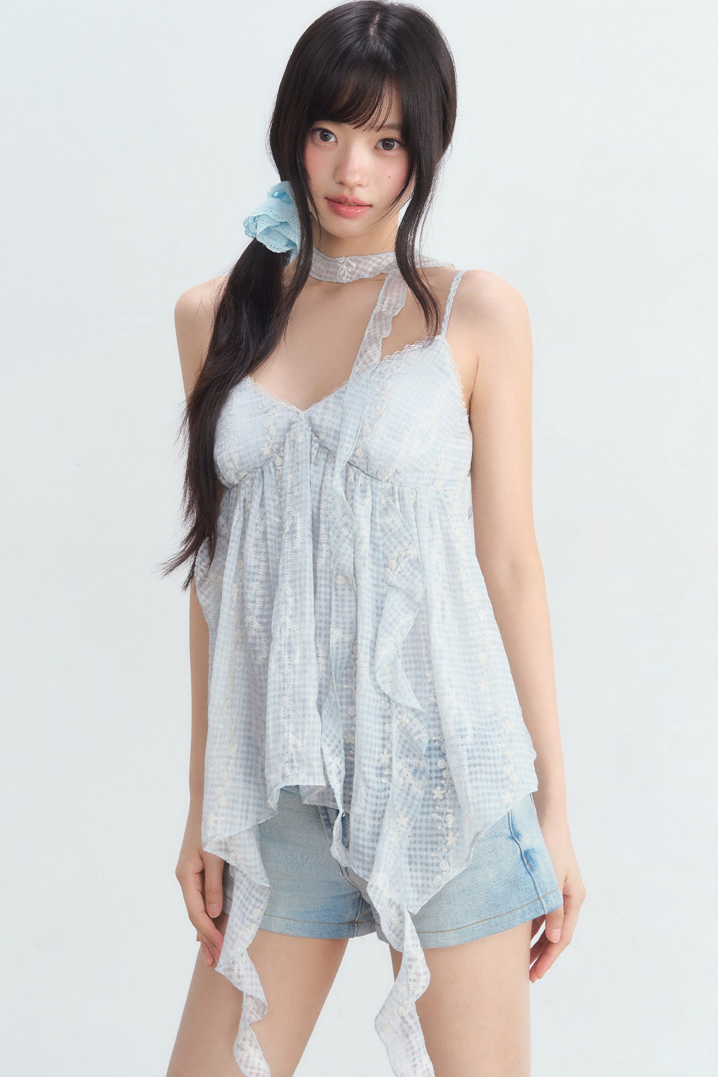 Irregular Hem Plaid Lace Camisole Top