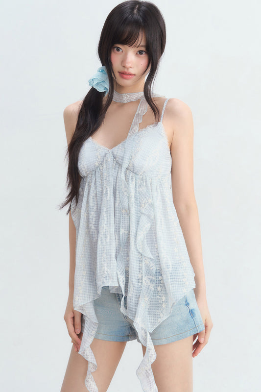 Top camisola de encaje a cuadros con bajo irregular