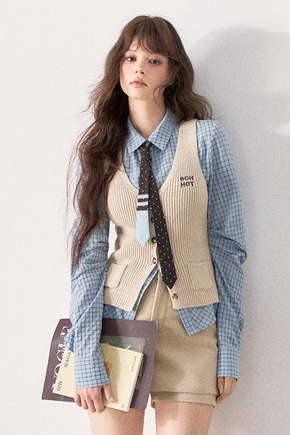 Blue Shirt and Knit Vest Skirt Set-Up