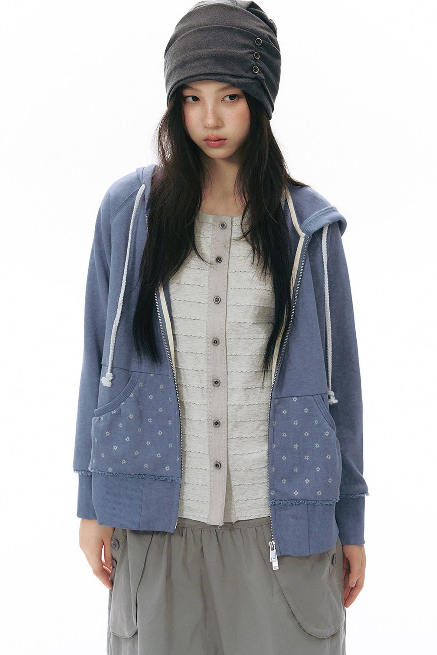 Side Seam Button Pleated Beanie Knit
