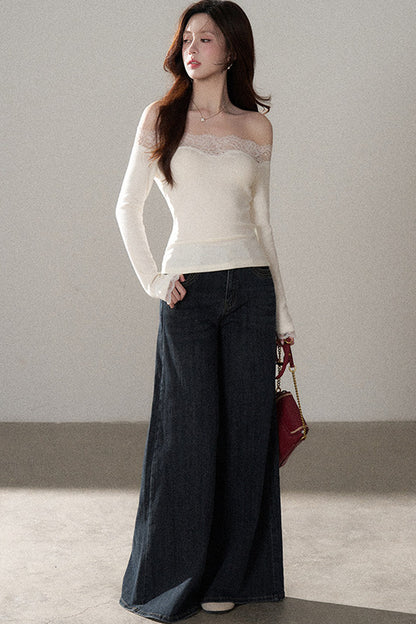 One-Shoulder Lace Knit Top and Jeans Set-Up