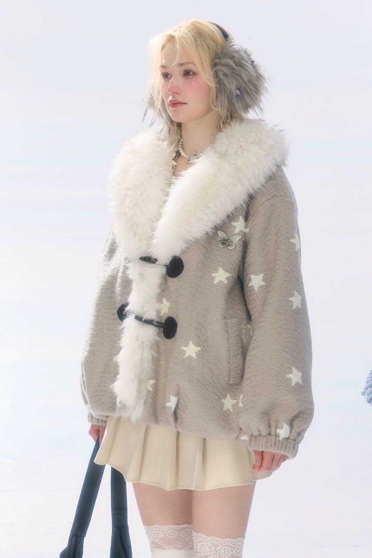 High-Waisted Apricot Pleated Woolen Skirt
