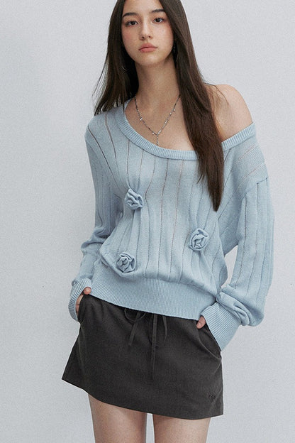 Camicetta in maglia con spalla asimmetrica e fiore 3D