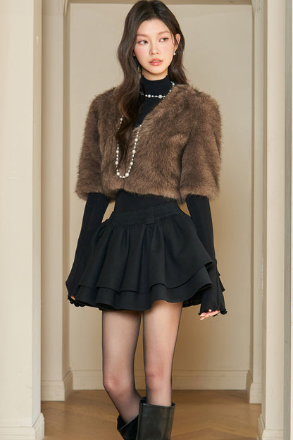Brown Eco-Fur V-Neck Cape