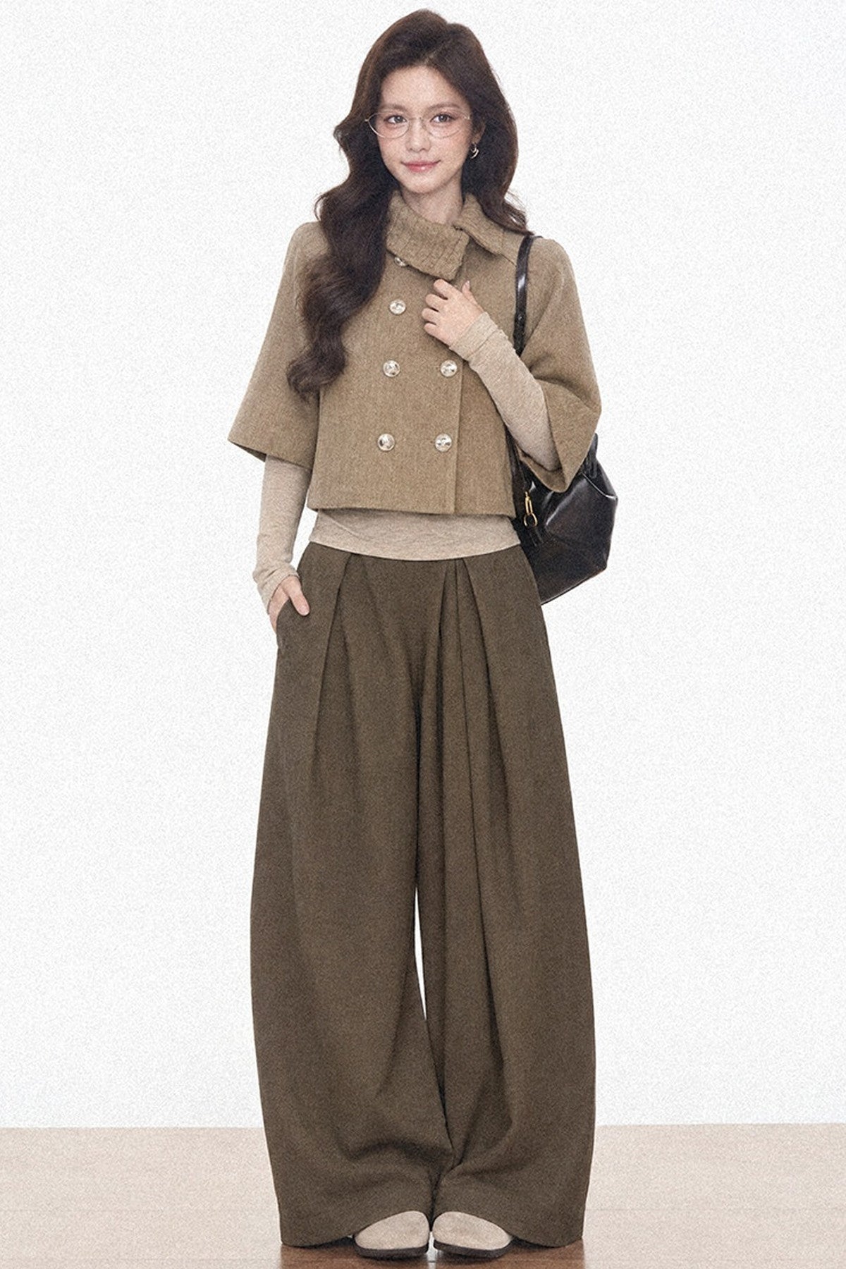 Double-Breasted Cape Coat and Wide-Leg Pants Set-Up