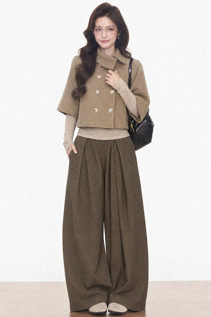 Double-Breasted Cape Coat and Wide-Leg Pants Set-Up
