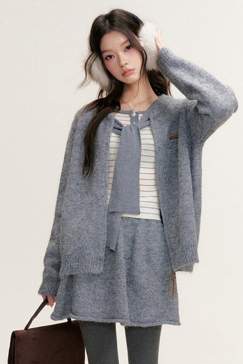 Striped Shawl Collar Long Sleeve Knit Sweater