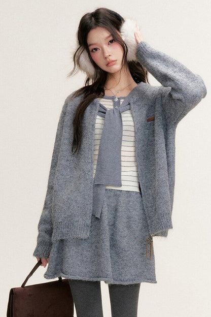 Striped Shawl Collar Long Sleeve Knit Sweater