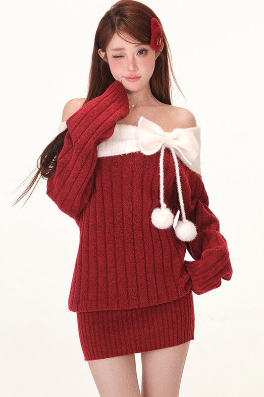 Off-Shoulder Bowknot Pom-Pom Knit Dress