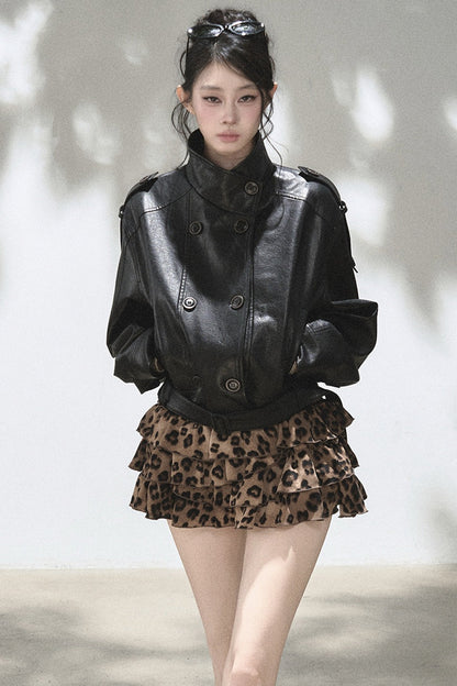 Leopard Print Ruffle A-Line Skirt