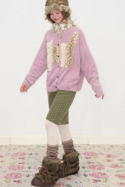 Strickjacke mit lila Katzenapplikation
