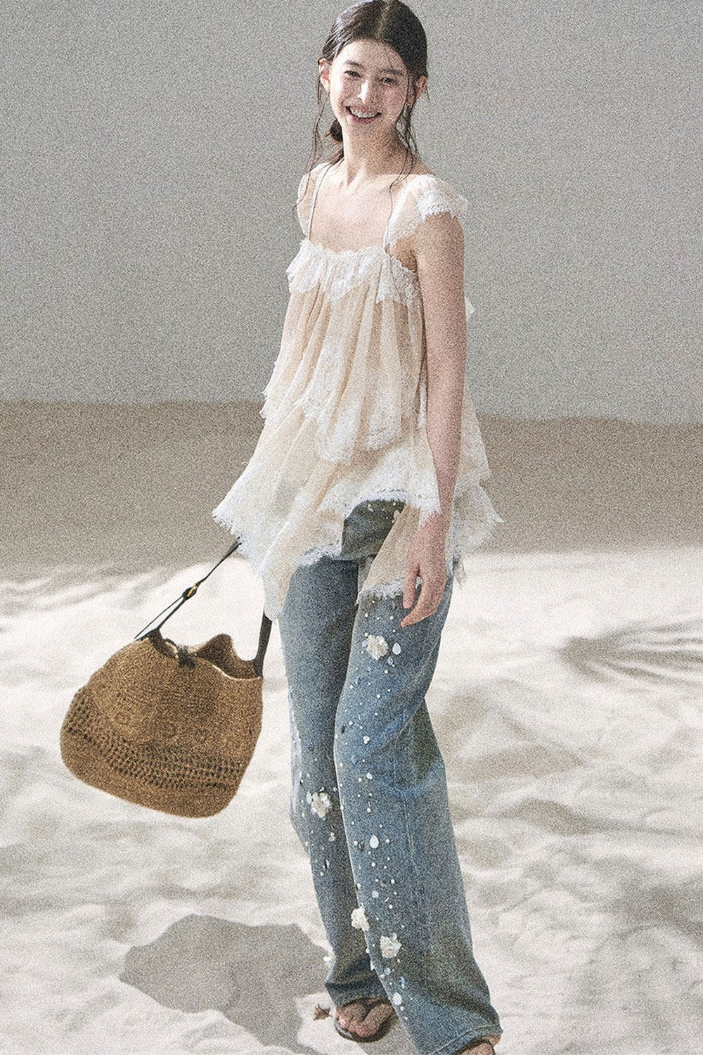 Asymmetric French Lace Mesh Top Set