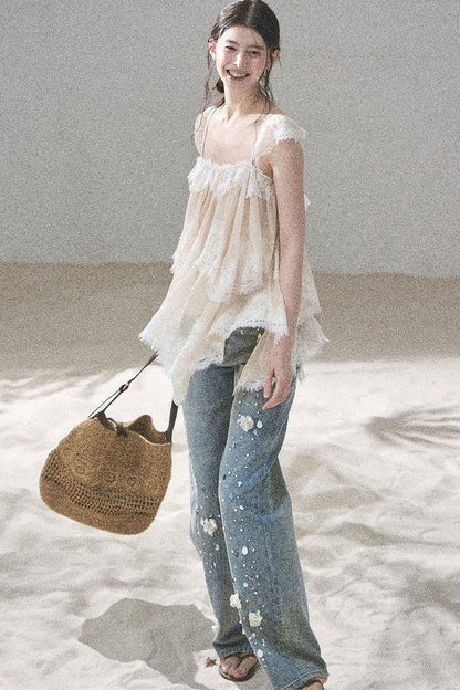Asymmetric French Lace Mesh Top Set