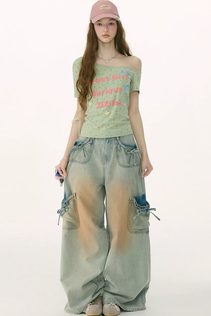 Pantaloni in denim retrò con fiocco