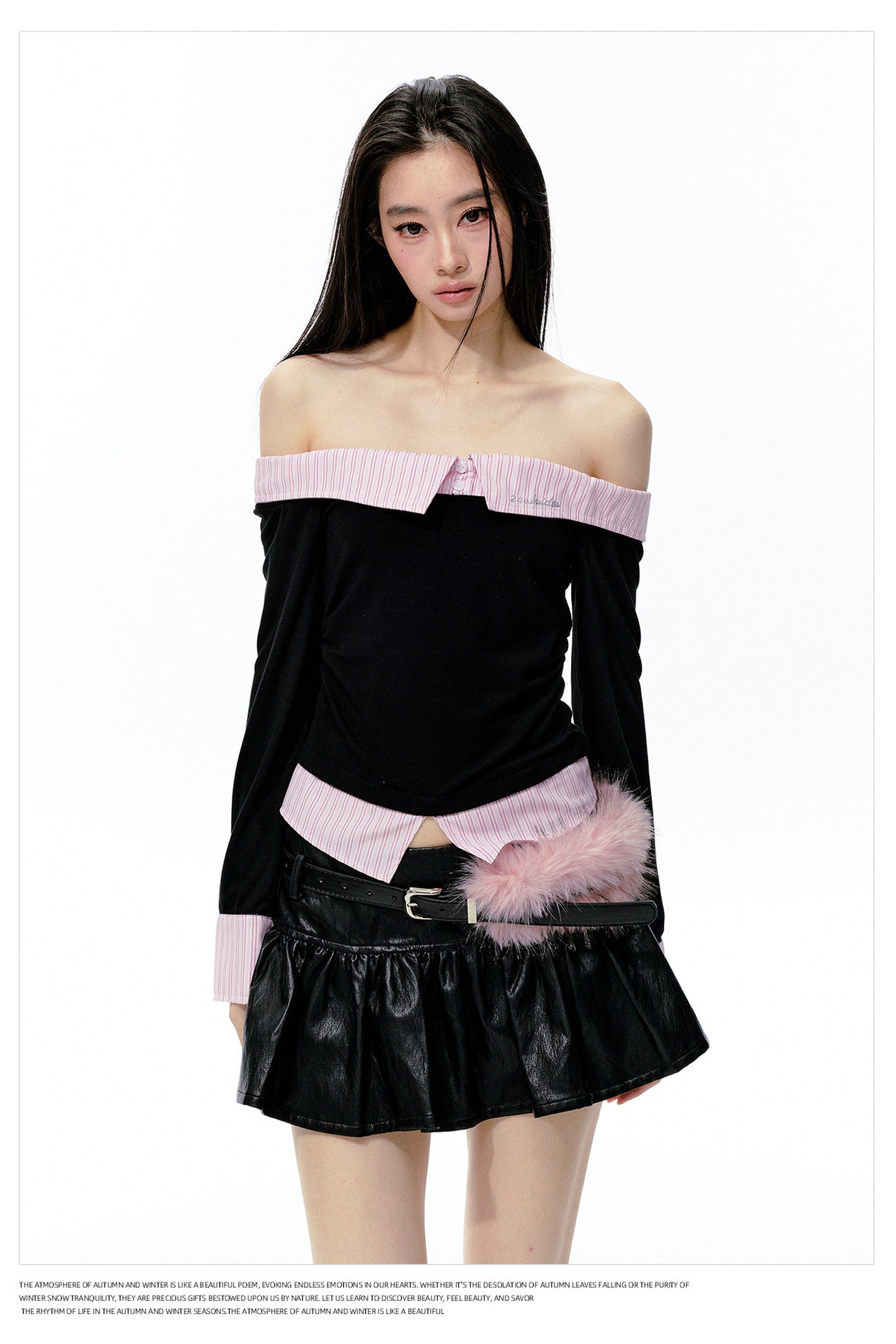 Black Pink Color-Blocked Off-Shoulder Ruched Top