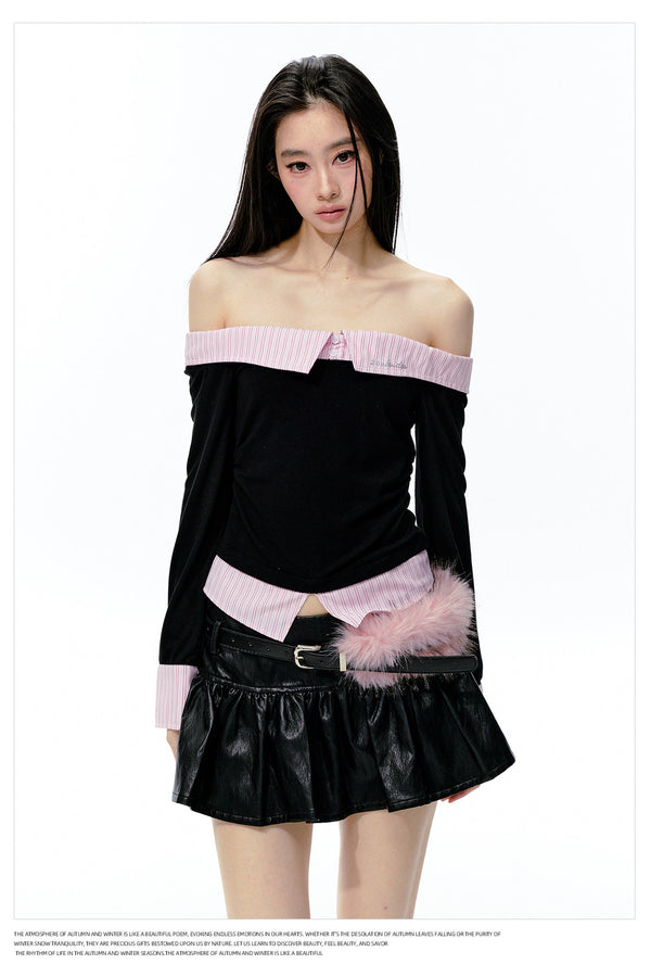 Black Pink Color-Blocked Off-Shoulder Ruched Top