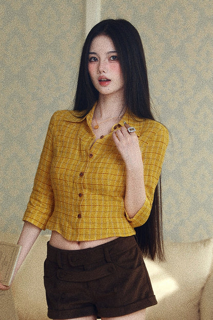 Camisa corta de lino a cuadros