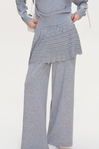 Wool Blend Off-Shoulder Lace Bow Knit Sweater and Pants Set-Up