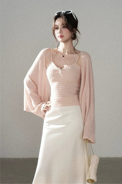 V-Neck Knitted Cardigan and Camisole Set-Up