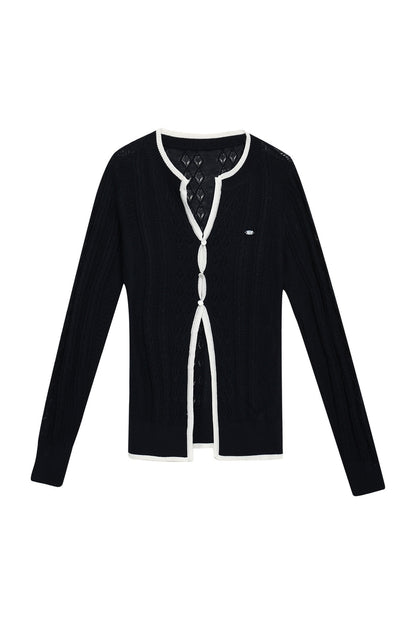Ensemble cardigan et pantalon en maille à découpes et bordures contrastées