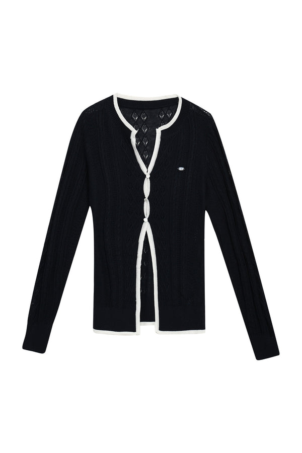 Cut-Out Contrast Trim Knit Cardigan And Pants Set-Up
