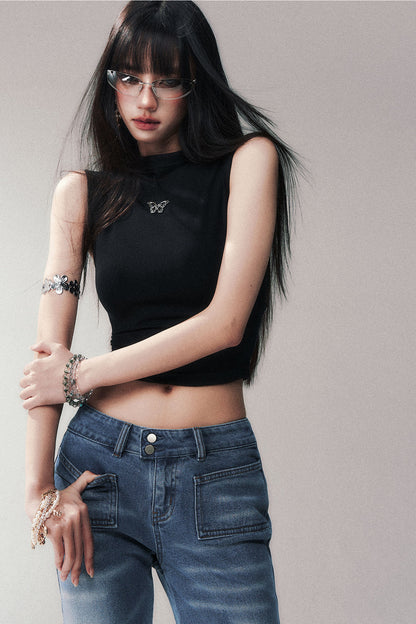 Sleeveless Mid-Neck High-Waisted Crop T-Shirt