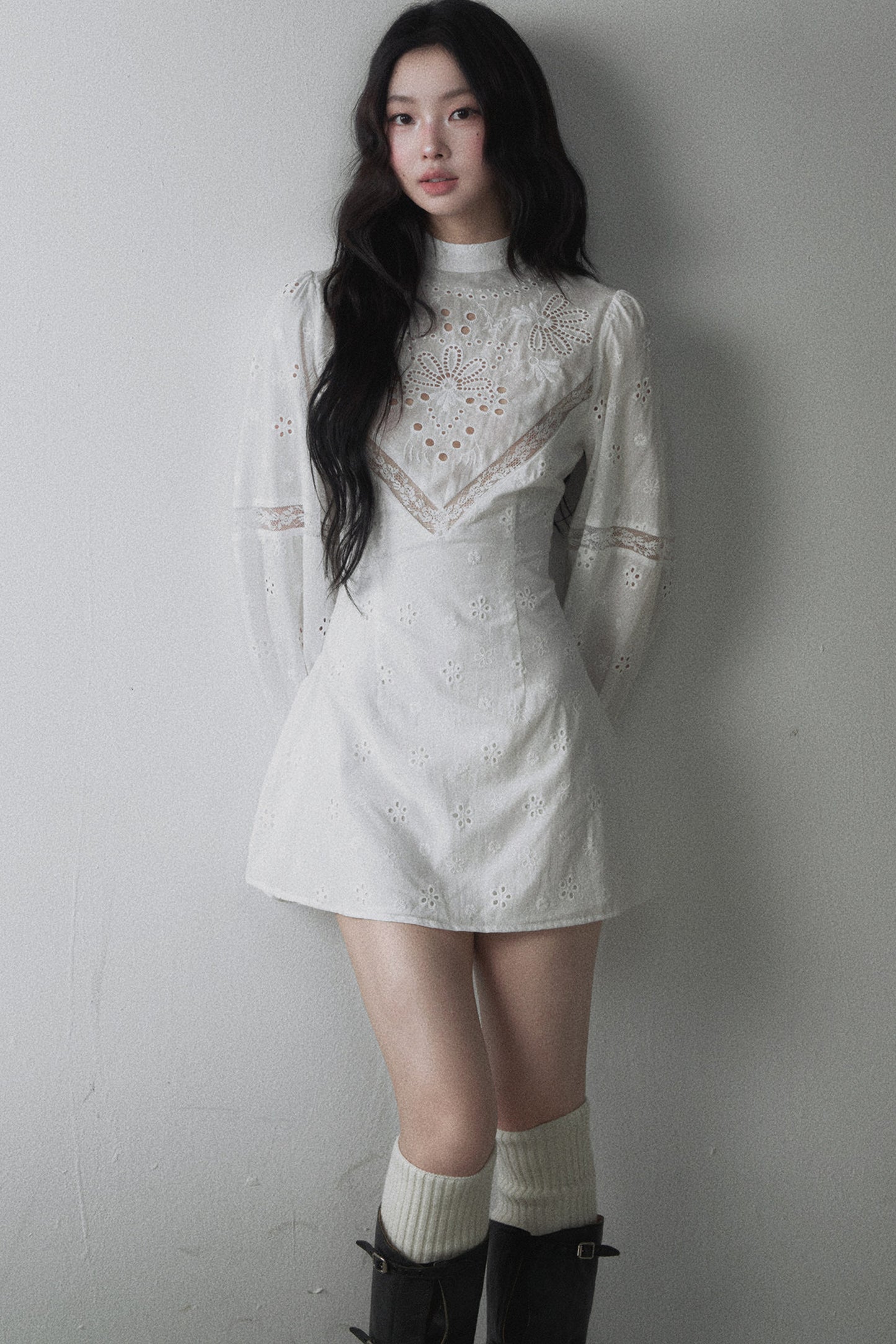 Hollow Embroidery Patchwork Long-Sleeve A-Line Dress
