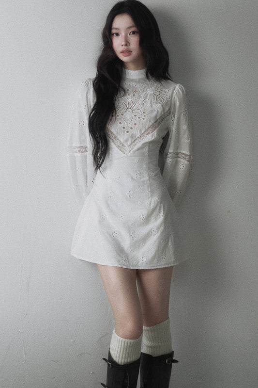 Hollow Embroidery Patchwork Long-Sleeve A-Line Dress