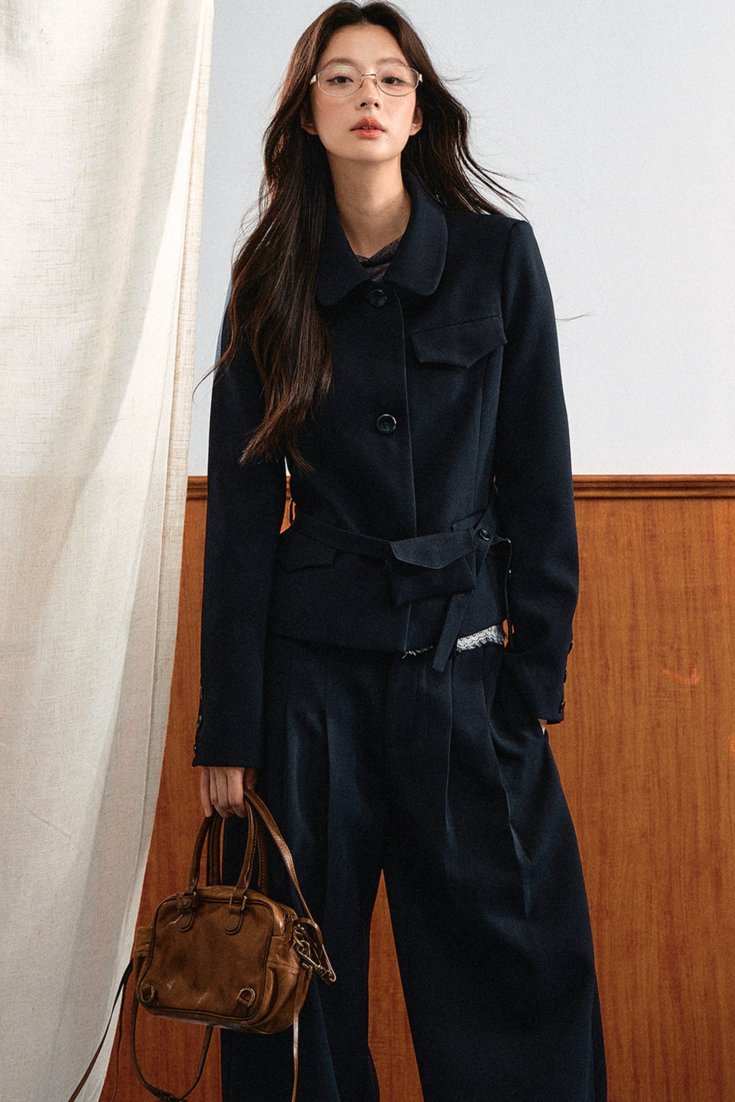 American Retro Lapel Top and Wide-Leg Pants Set-Up