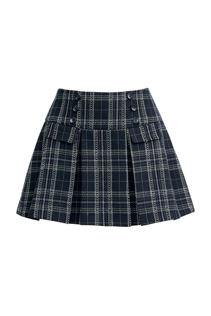 Navy Fair Isle Cardigan and Plaid Skirt Set-Up