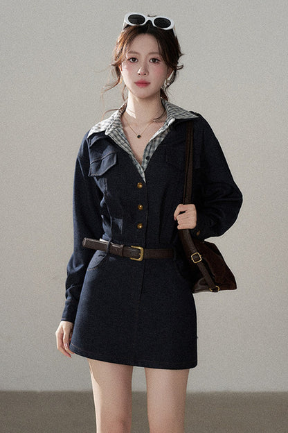 Robe trapèze taille haute à manches longues