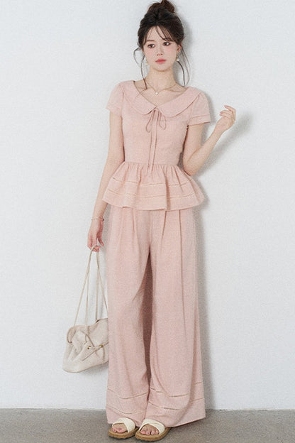 Ensemble chemise rose en Tencel à col Claudine et pantalon large