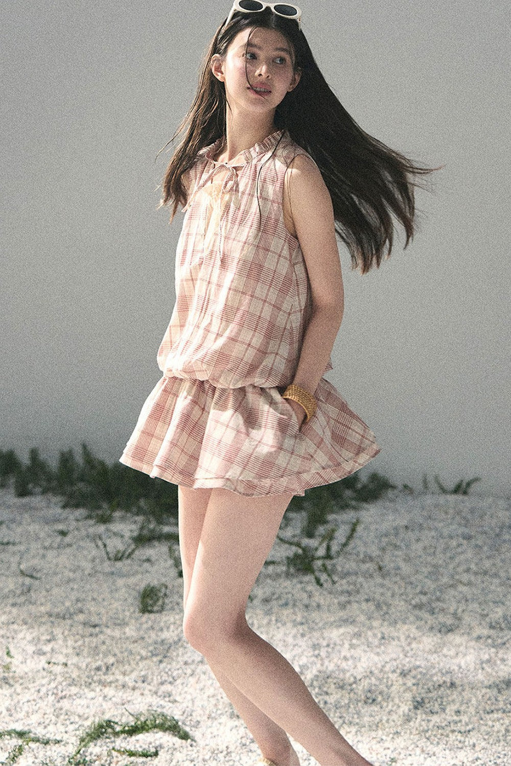 Lace Plaid Puff Dress Set