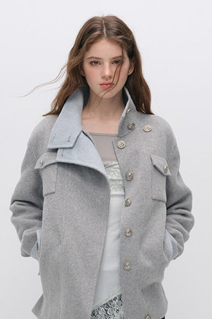 Belted Stand Collar Wool Coat