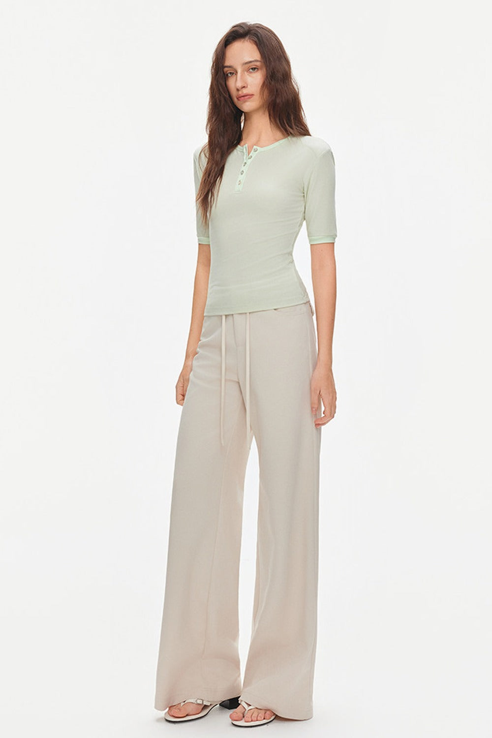 Padded Shoulder Henley Knit Top